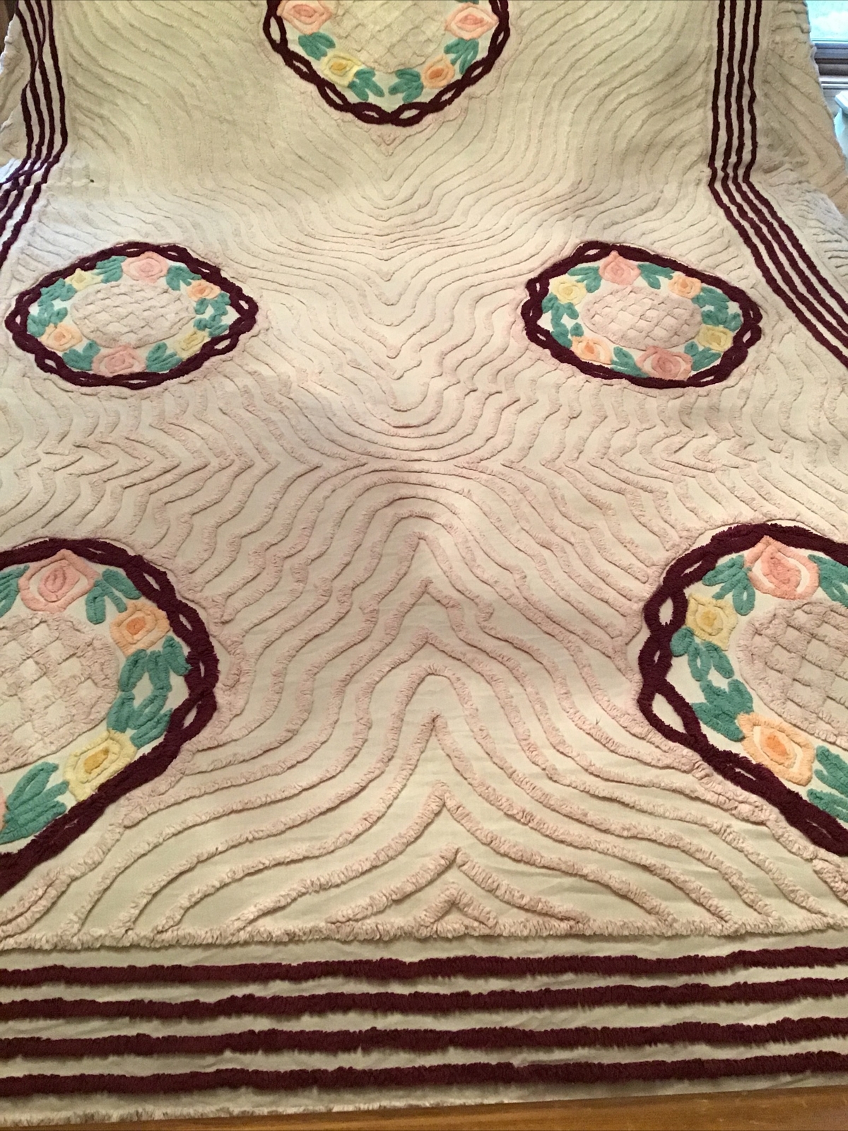 Vintage Chenille Bedspread 88” X 104” CUTTER/REPAIR PINK Burgundy Thick