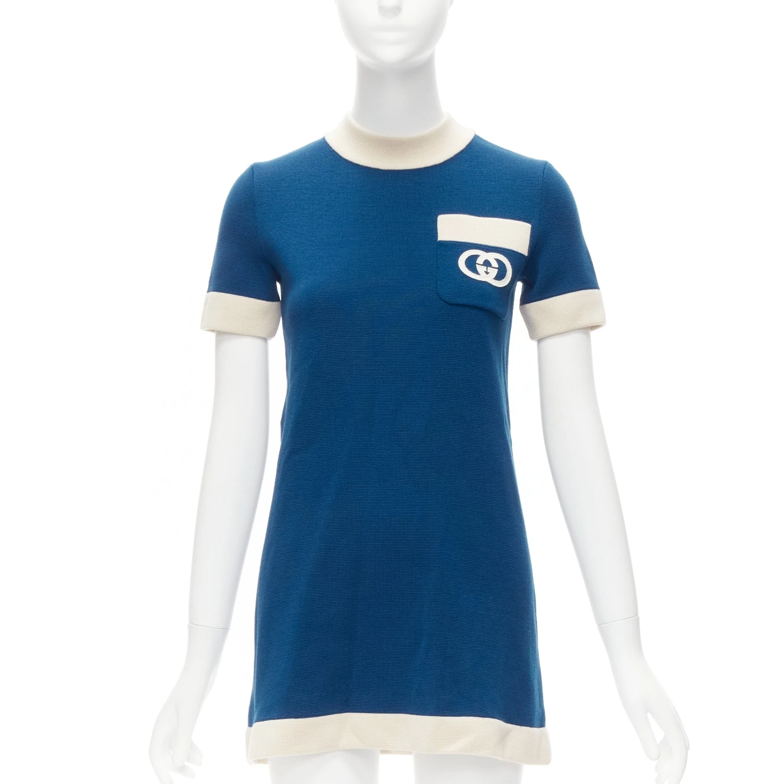 Robe mod GUCCI 2023 bleu crème 100% laine logo GG broderie poche XXS