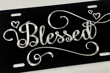 Blessed with Hearts Car Tag Diamond Etched Vanity Black Metal License Plate
