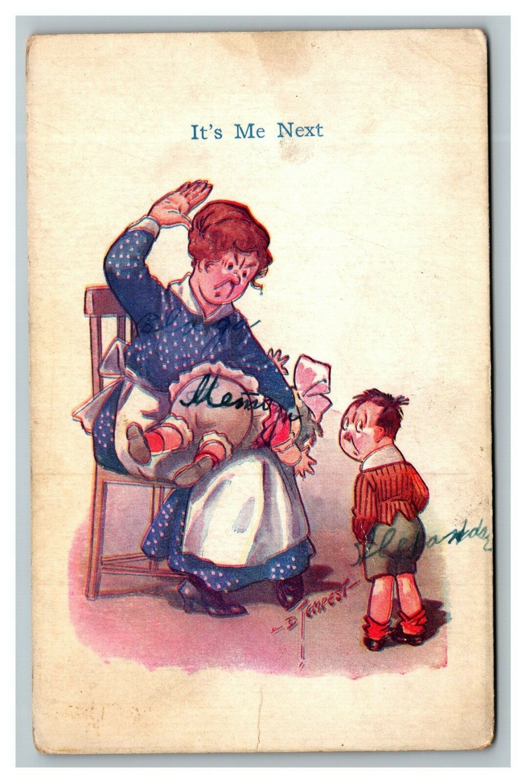 Vintage 1900's Bamforth Comic Postcard Mother Spanks Child Other Waits