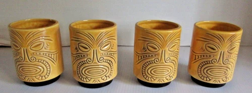Vintage Paul Marshall Ceramic Tiki Yellow Stackable Mugs Japan MCM Retro PMP