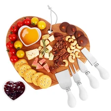 7PCS Heart-Shape Wooden Cheese Board Set with 4 Knives and Ceramic Bowls