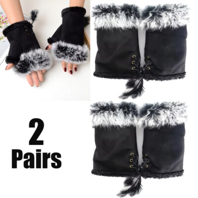 4PCS Womens Winter Warmer Fingerless Gloves Faux Rabbit Fur Wrist Solid Mitten B