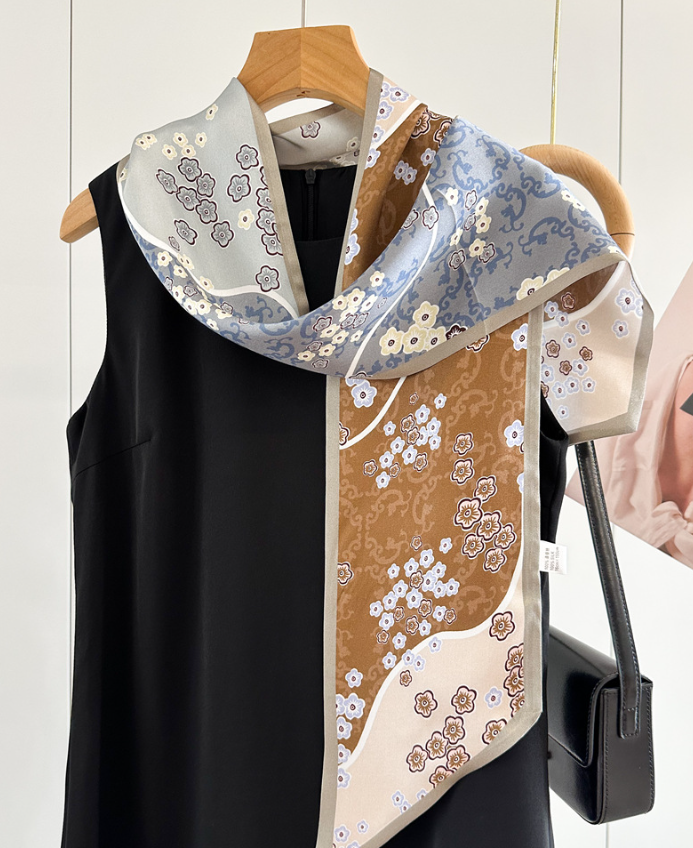 100% Silk Mulberry 150X16cm Scarf Women Neckerchief Wrap Five sided flower Print