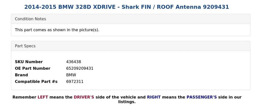 BMW 328D XDRIVE 2014-2015 - Antena de techo/aleta de tiburón 9209431 Foto 4 de 4