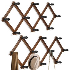 Expandable Wall Mounted Hat Rack - 2 Pack Wooden Coat Hanger with 10 Hooks