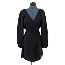 J.Crew Women Black Silky Drapey Wrap Mini Dress Puff Sleeve LBD Classic Chic L