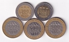 West African States 200 & 500 Francs 5coins 2003-2010 all different & listed #17