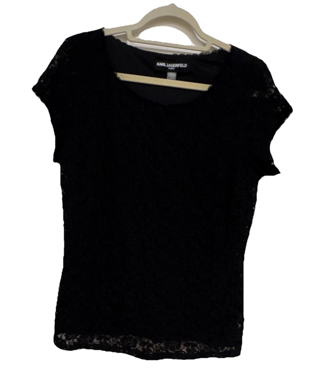 Karl Lagerfeld Paris Suits Floral Lace Short Sleeve Black Blouse NWOT Women Sz L