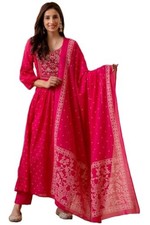 GoSriKi Women's Rayon Viscose Embroidered Anarkali Kurta with Pant Dupatta