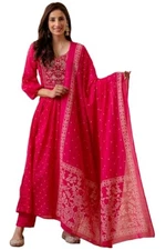 GoSriKi Women's Rayon Viscose Embroidered Anarkali Kurta with Pant & Dupatta