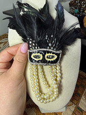 Vintage Masquerade Mask Hair piece Black & White Feather faux Pearls