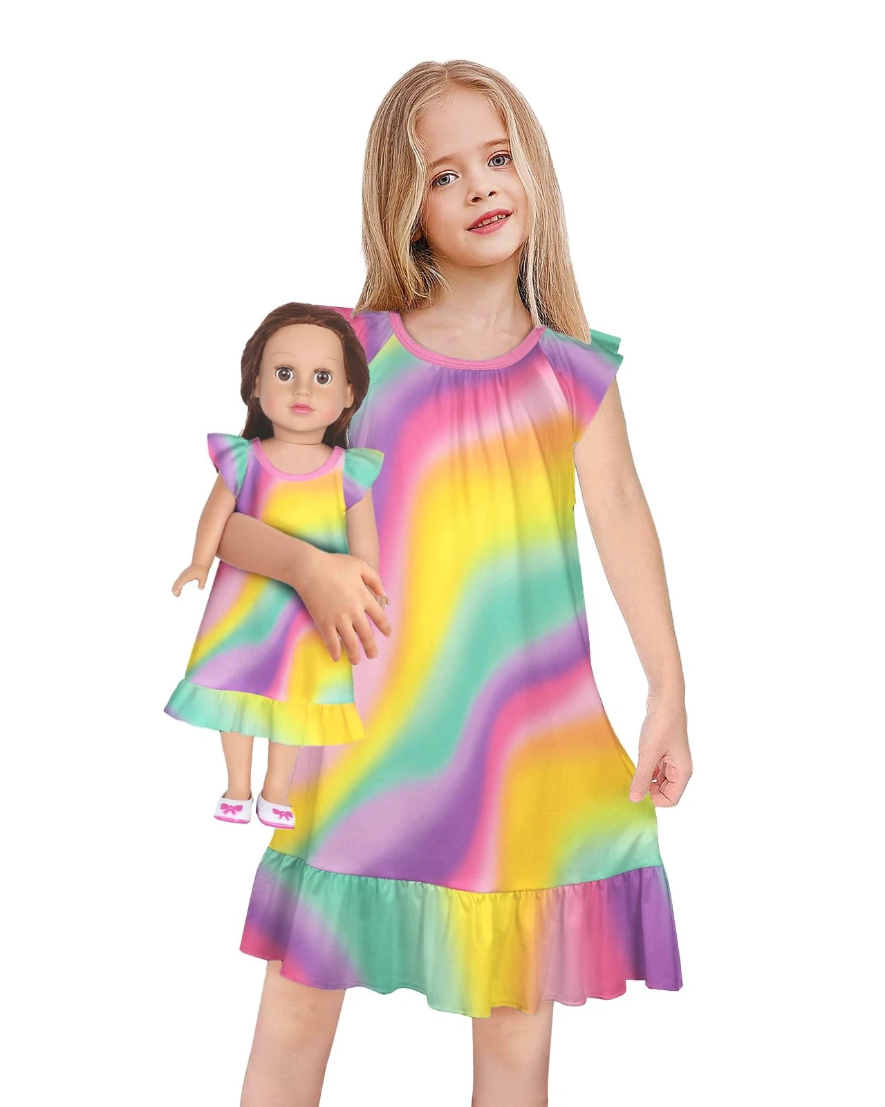 Matching Girl and Doll Summer Clothes Gown Outfit Short Sleeves Dress for Tod...