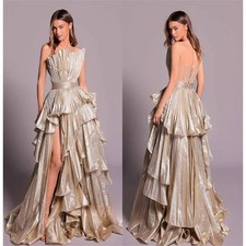 Elegant Gold Evening Dress with Slit A-Line Ruffles Pleated Prom Gown Train