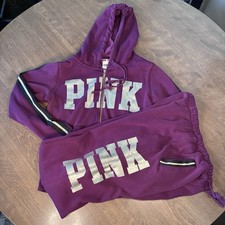 Pink Victoria Secret S-Jogger Suit Burgundy 2 Piece M-Hoodie Workout Lounge