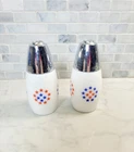 Vtg Westinghouse Gemco Salt & Pepper Milk Glass Shakers Stars Red White Blue MCM