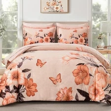 Floral Comforter Set Size,7 Piece Bed in a Bag, Elegant Flower Queen Orange