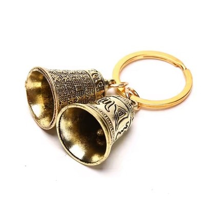 Vintage Bell Keychain Brass Mantra Bell Key Ring Pendant