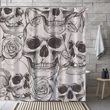 Skull Gothic Skeleton Shower Curtain Black Floral Rose Waterproof 72x72 Inch