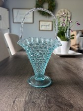 Fenton Blue Opalescent Hobnail Basket 9.5" Ruffled Art Glass Vintage