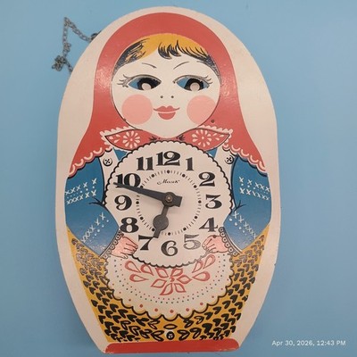 RARE Vintage Soviet mechanical animated wall clock MAJAK Matryoshka USSR 1960s