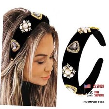 Black Baroque Headbands Pearl Rhinestones Wide Velvet Jeweled Elegant