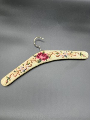 Vtg Needlepoint Floral Gold Velvet Back Clothes Hanger Gold Trim Tapestry