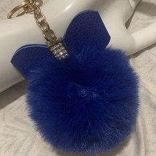 Blue Fuzzy Pom Pom W/Bow Keychain Or Purse Bling
