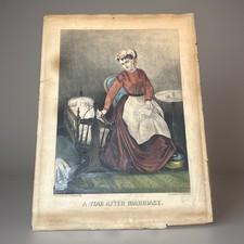 Currier Ives A Year After Marriage Antique Hand Colored Lithograph c1872