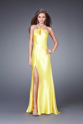 NEW LA FEMME CRISSCROSS BACK SATIN KEYHOLE JEWEL HALTER DRESS GOWN SIZE 6  YELLOW | eBay