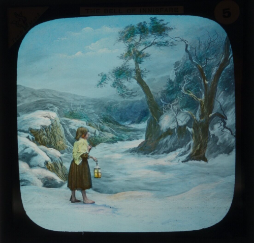 Magic lantern slide Victorian photo The Bell of Innisfare ,girl snowy wood no5 - Picture 1 of 3