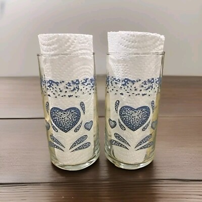Corning Blue Hearts 14 Oz Tumbler Drinking Glass Set Of 2 Vintage Corelle