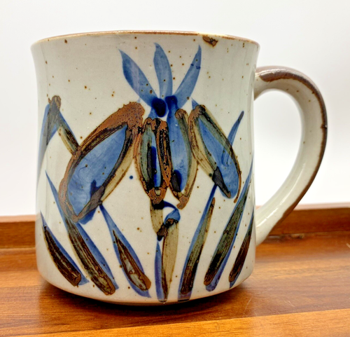 Set of 4 Vintage Otagiri Style Speckled Stoneware Blue Flower Coffee Mugs Cups - Picture 3 of 12