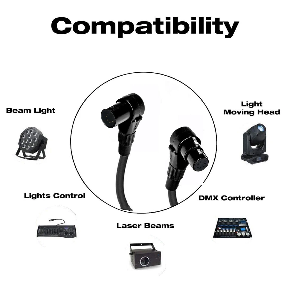 DMX Patch Cable 5-Pin XLR Male to Right Angle Female - 120 ohm DMX512 Data Cord - Image 2 of 4