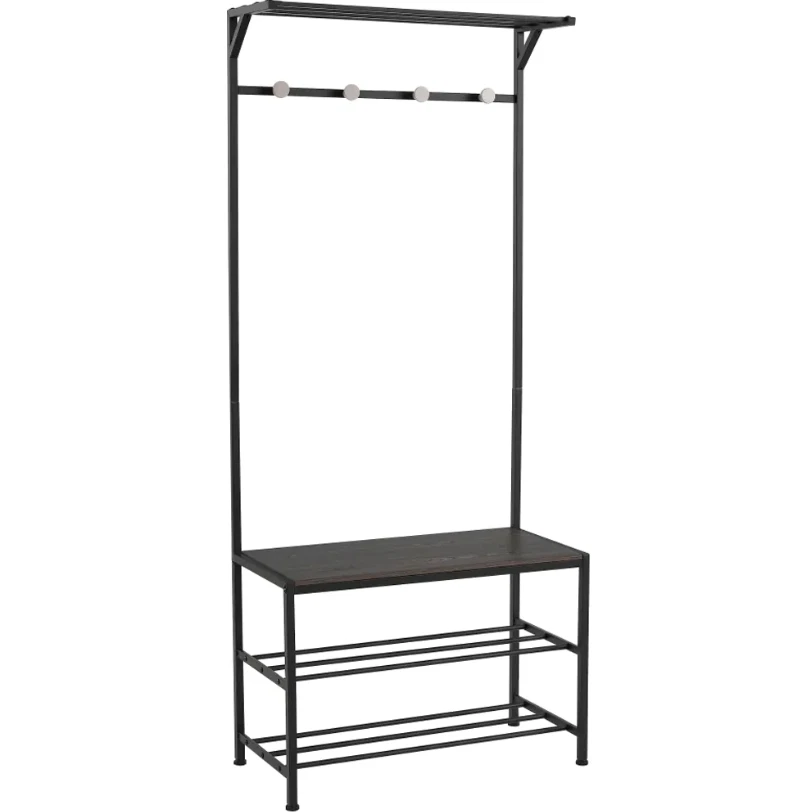 Garderobenständer Modern Vintage mit Schuhablage, Schwarz Holz, 178 cm