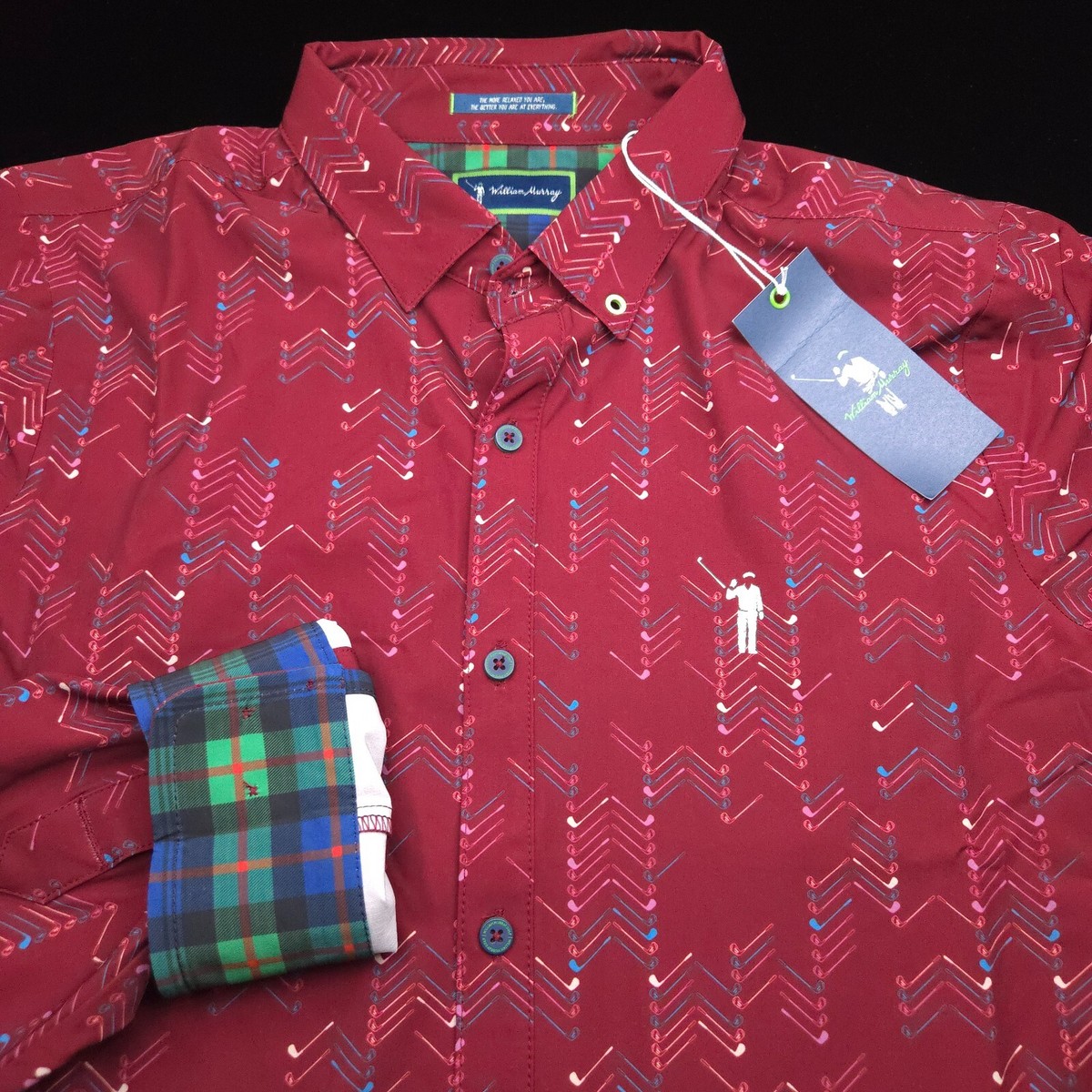 WILLIAM MURRAY GOLF PERFORMANCE BUTTON SHIRT -M- RED WILD CLUBS TARTAN POLY  POLO