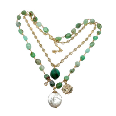 2 Strands Green Chrysoprase Chain Necklace Coin Pearl Malachite Charm