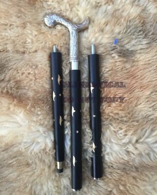 Designer Victorian punksty Walking Stick Black Wooden Brass Inlaid Cane Antique 