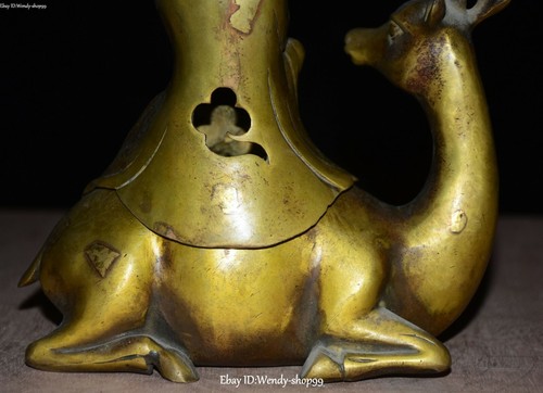 8" Old Chinese Copper Feng Shui longevity God On Deer incense burner Censer - Picture 11 of 12