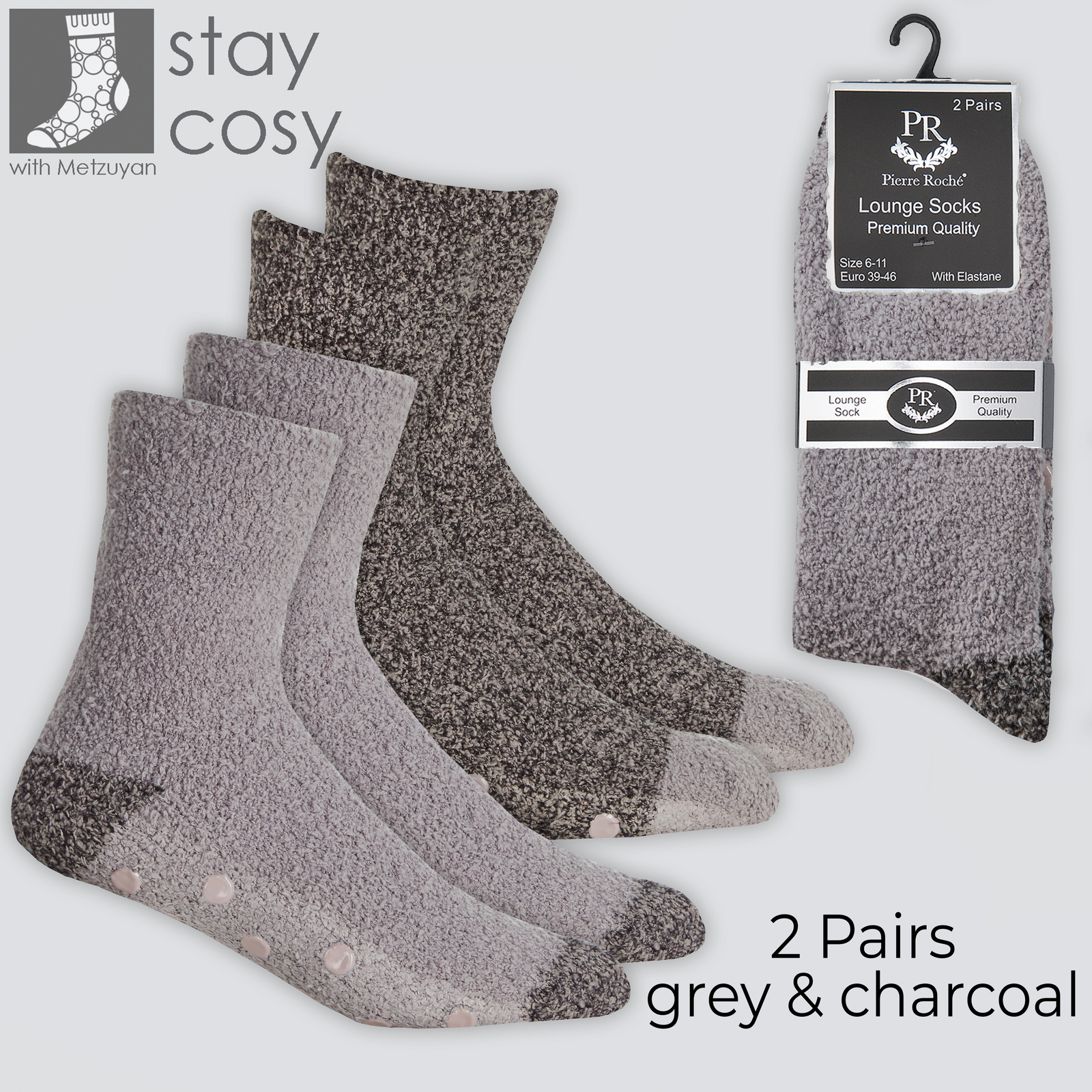 2 Pairs Mens Fluffy Cosy Bed Socks with Anti Slip Thermal Warm Grey ...