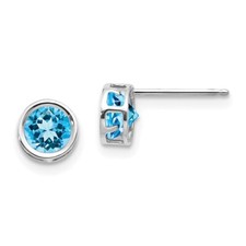 Real 14kt White Gold 5mm Bezel Blue Topaz Stud Earrings