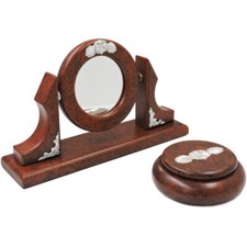 Set Toeletta Specchiera e Scatola Radica di Noce con Inserti in Argento 925