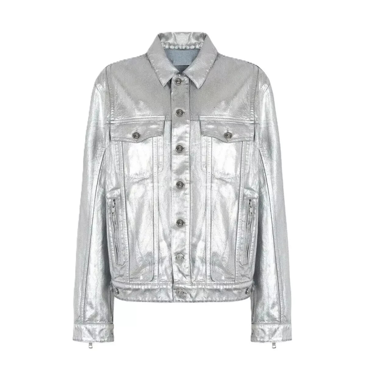 Men’s 100% Real Silver Leather Denim Trucker Jacket Lambskin Shirt Style