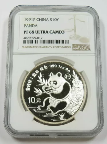 1991-P China S10Y 10 Yuan Silver Panda NGC PF 68 Ultra Cameo