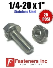 (Qty 25) 1/4"-20 x 1" Stainless Steel Hex Cap Serrated Flange Bolt WITH NUTS