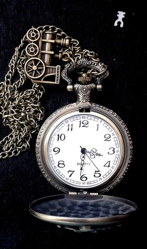 Vintage Style Locomotive Train Quartz Pocket Watch Men Gift Bronze w/Train Charm - Picture 5 of 9