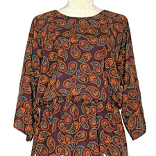 Vintage 80s Midi A Line Dress Womens Size M Brown Paisley Orange Modest Pockets