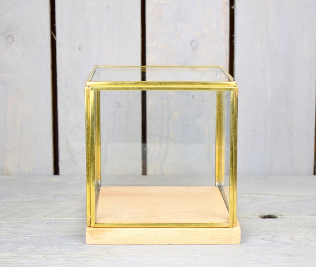 Glass and Brass Display Showcase Box Dome with Wooden Base 15.5 cm