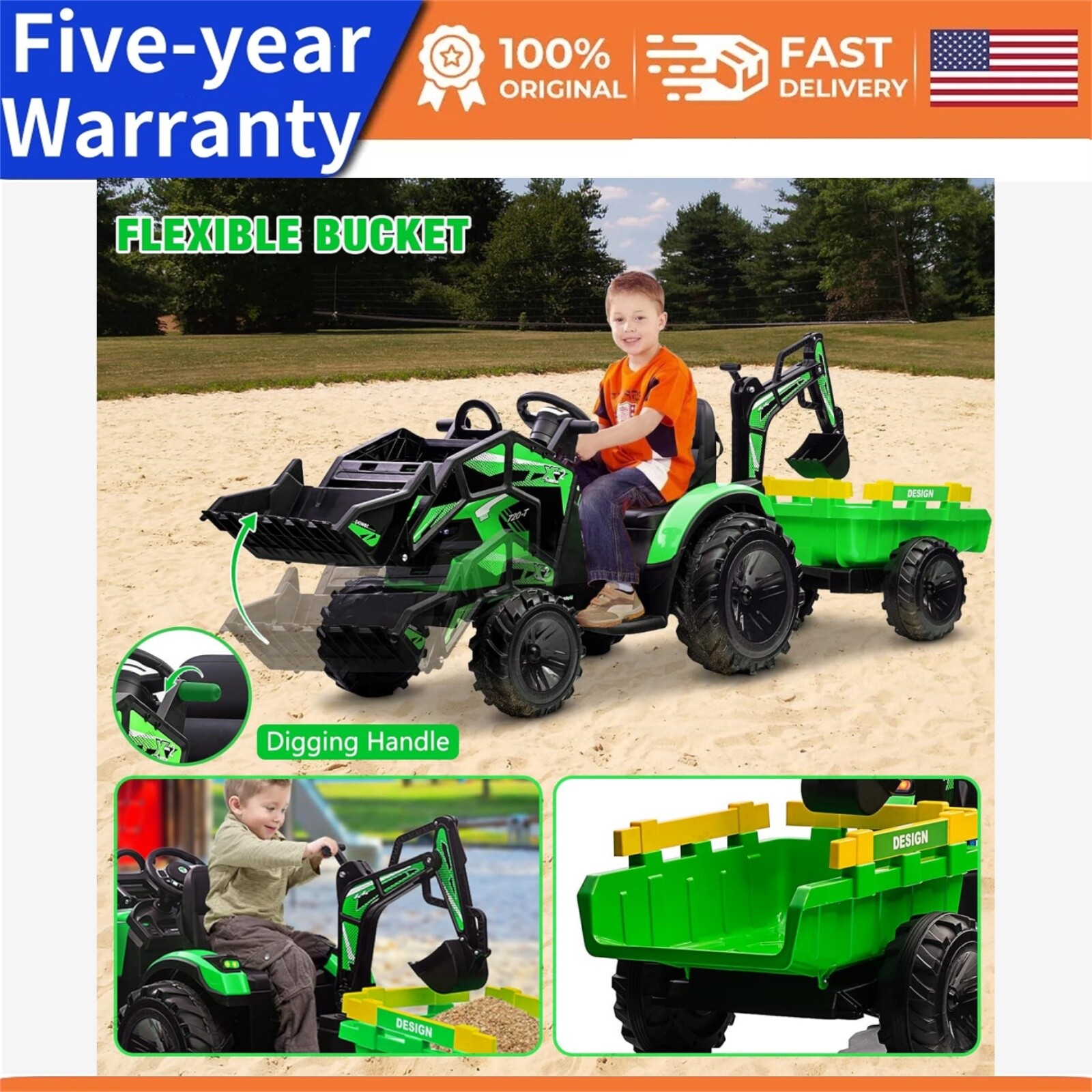 24V 3 in 1 Kids Ride on Tractor Excavator & Bulldozer Electric Vehicle w/Trailer