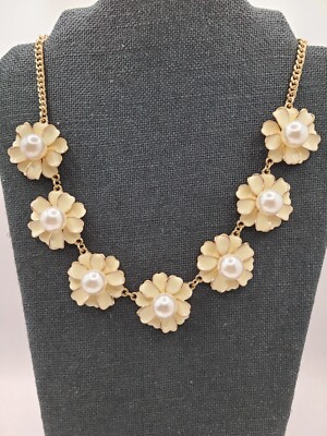 Natasha Five Flower Beige ENAMEL & PEARL Gold Necklace 19'' - 22''